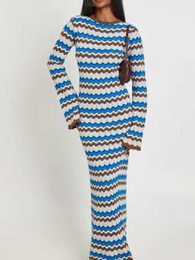 Striped Zigzag Long Sleeve Maxi Dress in Blue, Brown & Cream